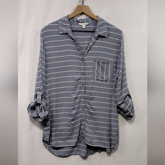 beachlunchlounge Tops - BeachLunchLounge Stripped Button Shirt Womens L Gray Boho Retro 90s Y2K Casual